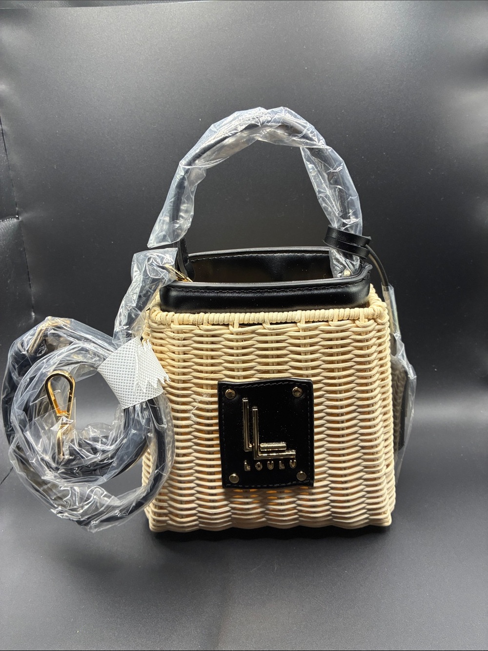 Woven Crossbody Box Bag with Black Trim - Beige and Black